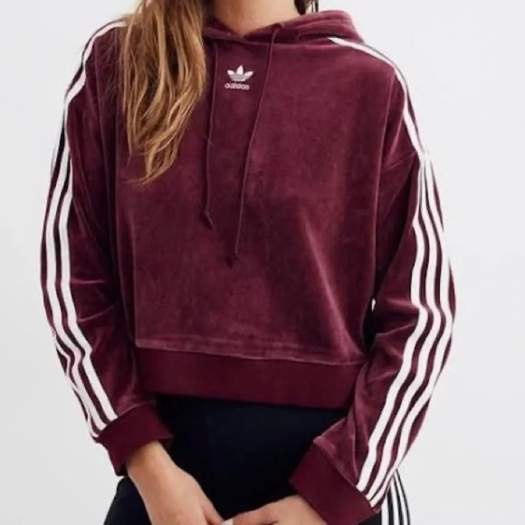 Adidas Originals Maroon Cropped Velour Hoodie Long Sleeve S - Picture 1 of 16